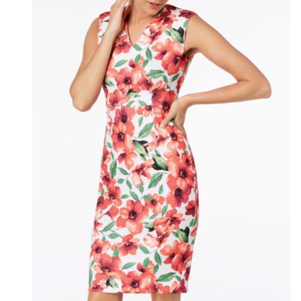 NWT Calvin Klein Floral Scuba Knit Sleeveless V-Neck Sheath Dress Women's Size 6 - Picture 2 of 13